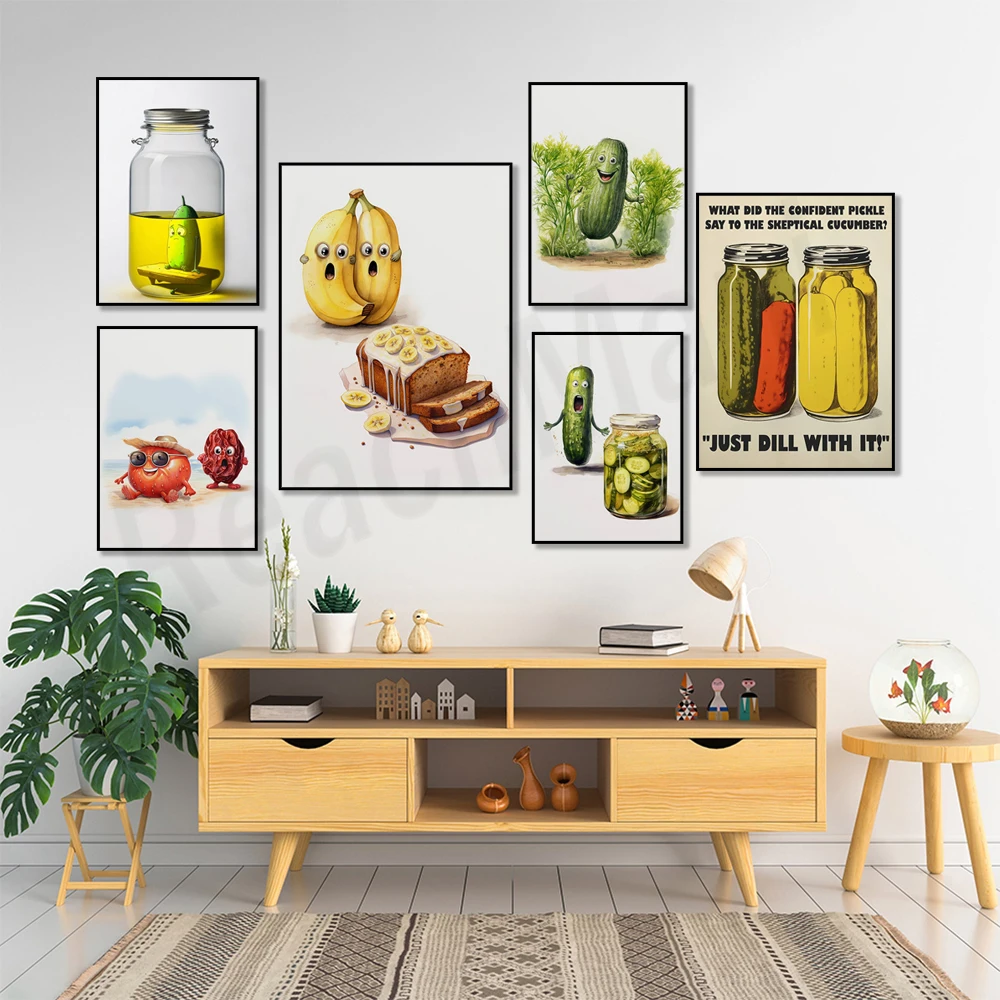 Pickle brine art, dill pickles, raisins, final pickles, whimsical and fun sun-dried tomatoes, banana bread, pickle poster