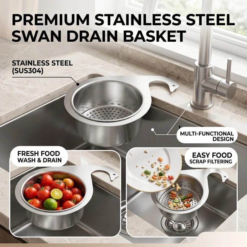 Stainless Steel Swan-Shaped Kitchen Sink Litter Strainer Basket Corner Filter Drain Rack with Hooks for Household Use
