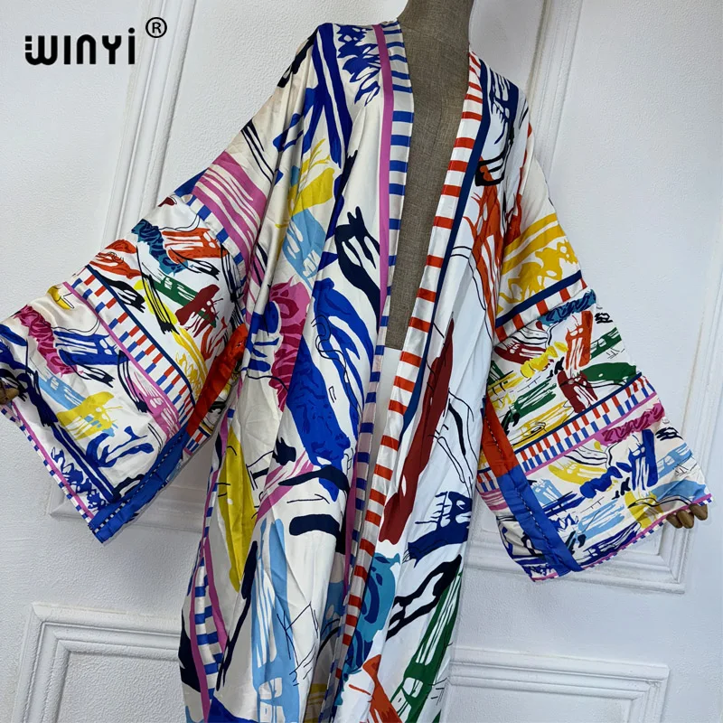 WINYI-kimono veraniego para mujer, ropa de playa, vestido playero, cárdigan bohemio maxi, abayas, caftán con estampado de grafiti, 2024