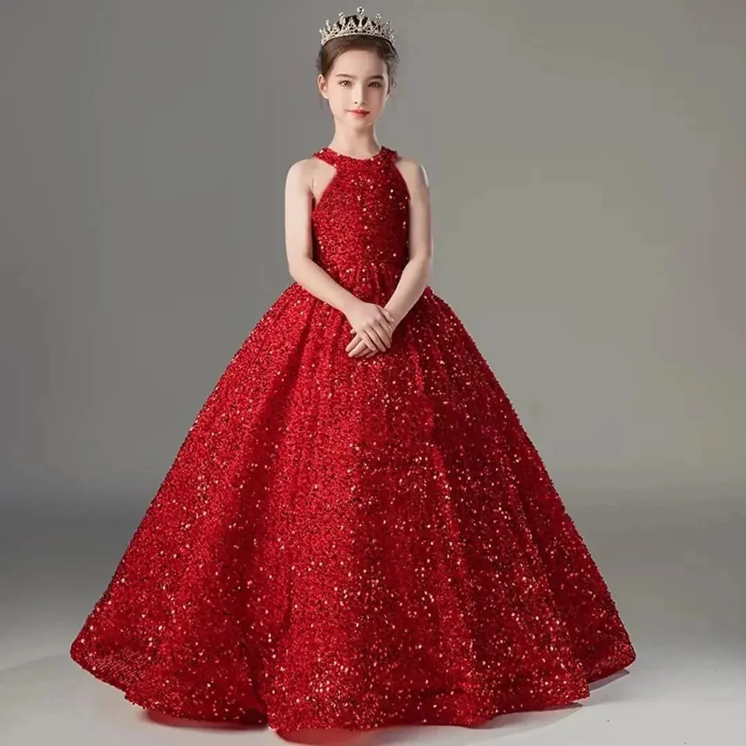 Customized Red Flower Girl Dresses for Wedding Sequins Sleeveless Floor Length Girl Kids Birthday Party First Communion Gown