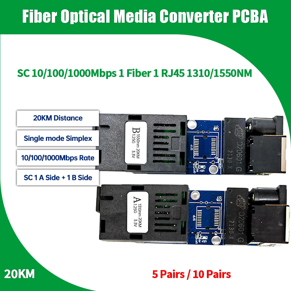 5/10 pair SC Gigabit Mini media converter 1port fiber 1 RJ45 media converter PCBA Board Single mode Simplex 100/1000M