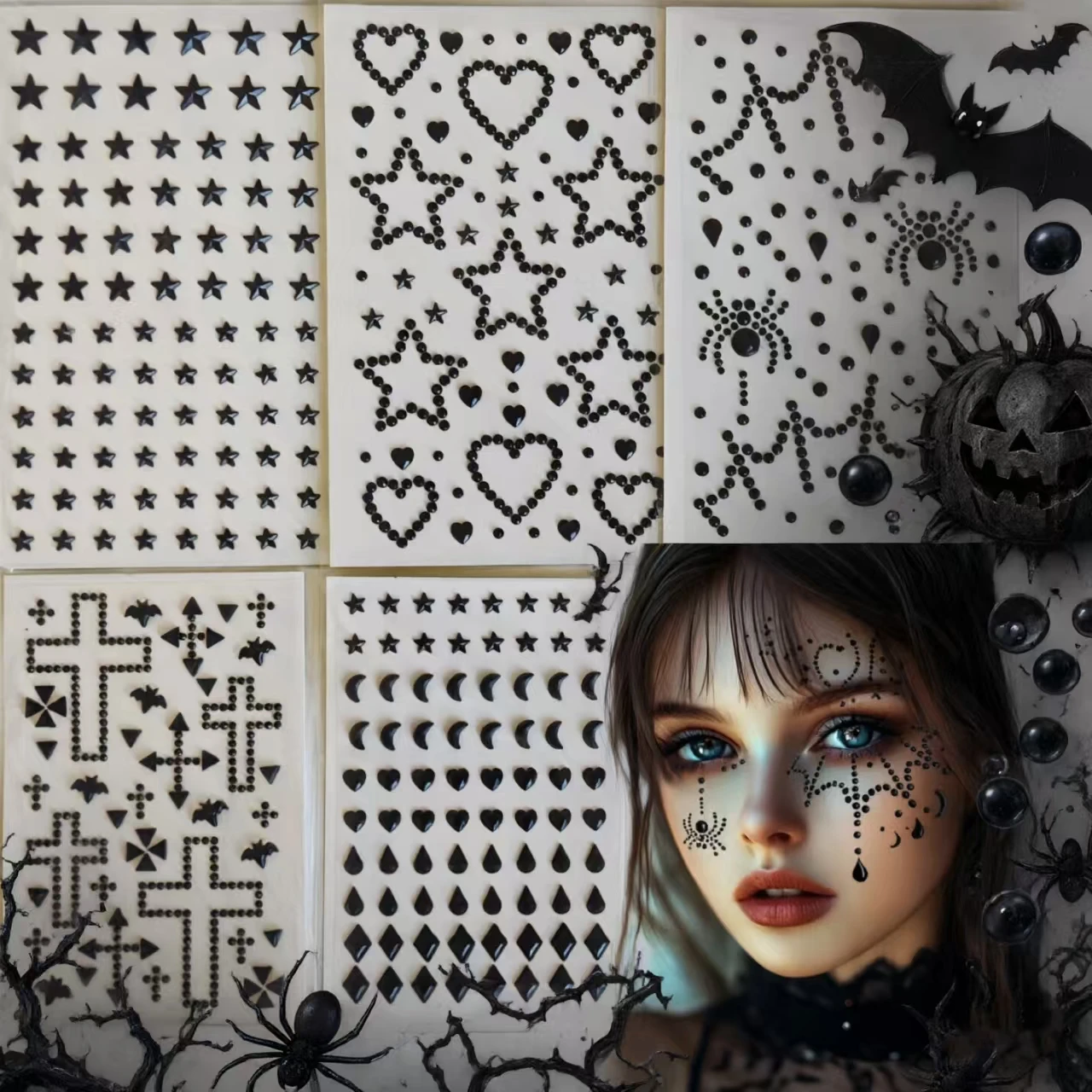 5 Black-Themed Halloween Rhinestone Stickers, Spider Festival Face Makeup Stickers, 3D Decorative Dark Stage Makeup, Traceless Adhesive Safe