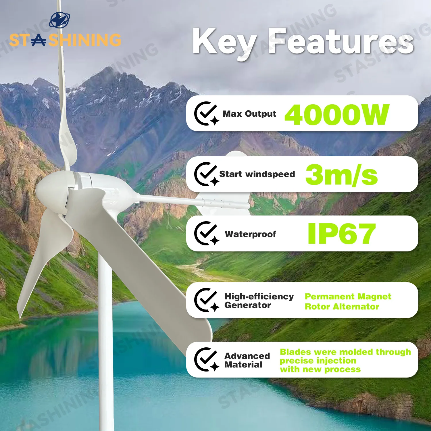 【Higher-Output】Horizontal Wind Turbine Generator 4000W Windmill w/MPPT Charger/Hybrid Solar Wind Power System, Home Use 3 Blades