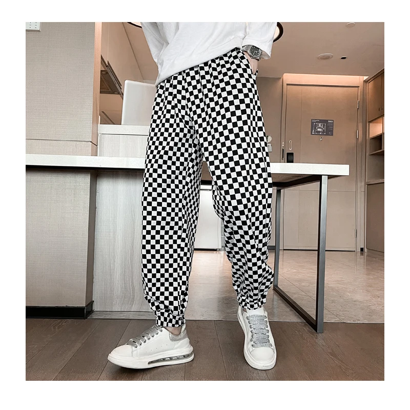 Men's Pants 2022 New Spring and Autumn Trend Black and White Checkerboard Plaid Beam Feet Summer Men's Casual Harem Trousers