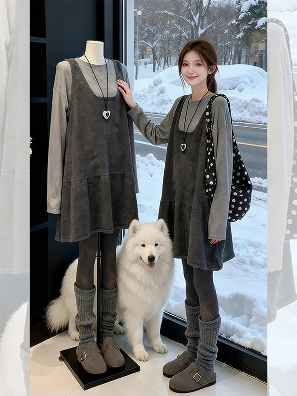 

Комплект: модный повседневный комбинезон-боди из смесового полиэстера с высокой талией, размер 300, с длинными рукавами, круглым вырезом, для полных женщин