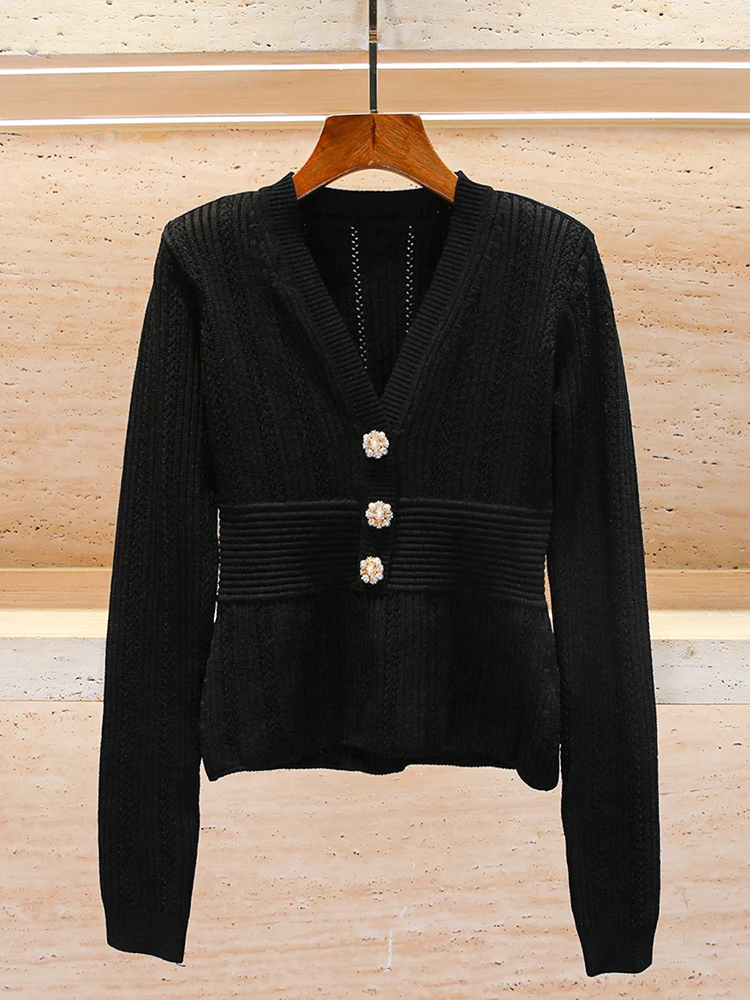 

Элитный осенне-зимний вязаный топ с V-образным вырезом и приталенной талией в стиле Хепберн для женщин. Европейские товары. SP Home South Oil.