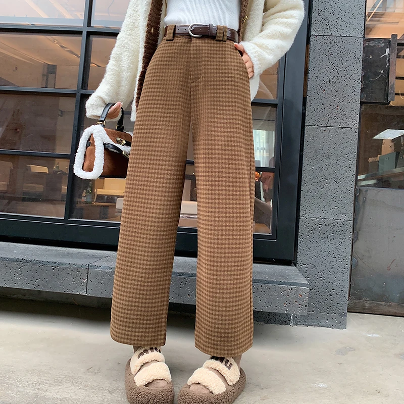 Wool Blend Ankle-length Pants Women High Waist Wide Leg Straight Pants Autumn Winter Warm Thick Plaid Pants Fashoin Boot Pants