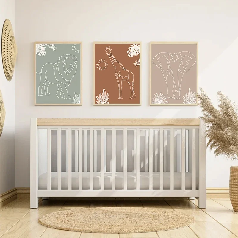 3pcs frameless Canvas Painting 3pcs Boho Safari Line Art Kids Bedroom Nursery Poster Lion Elephant Giraffe Jungle Animals Minima