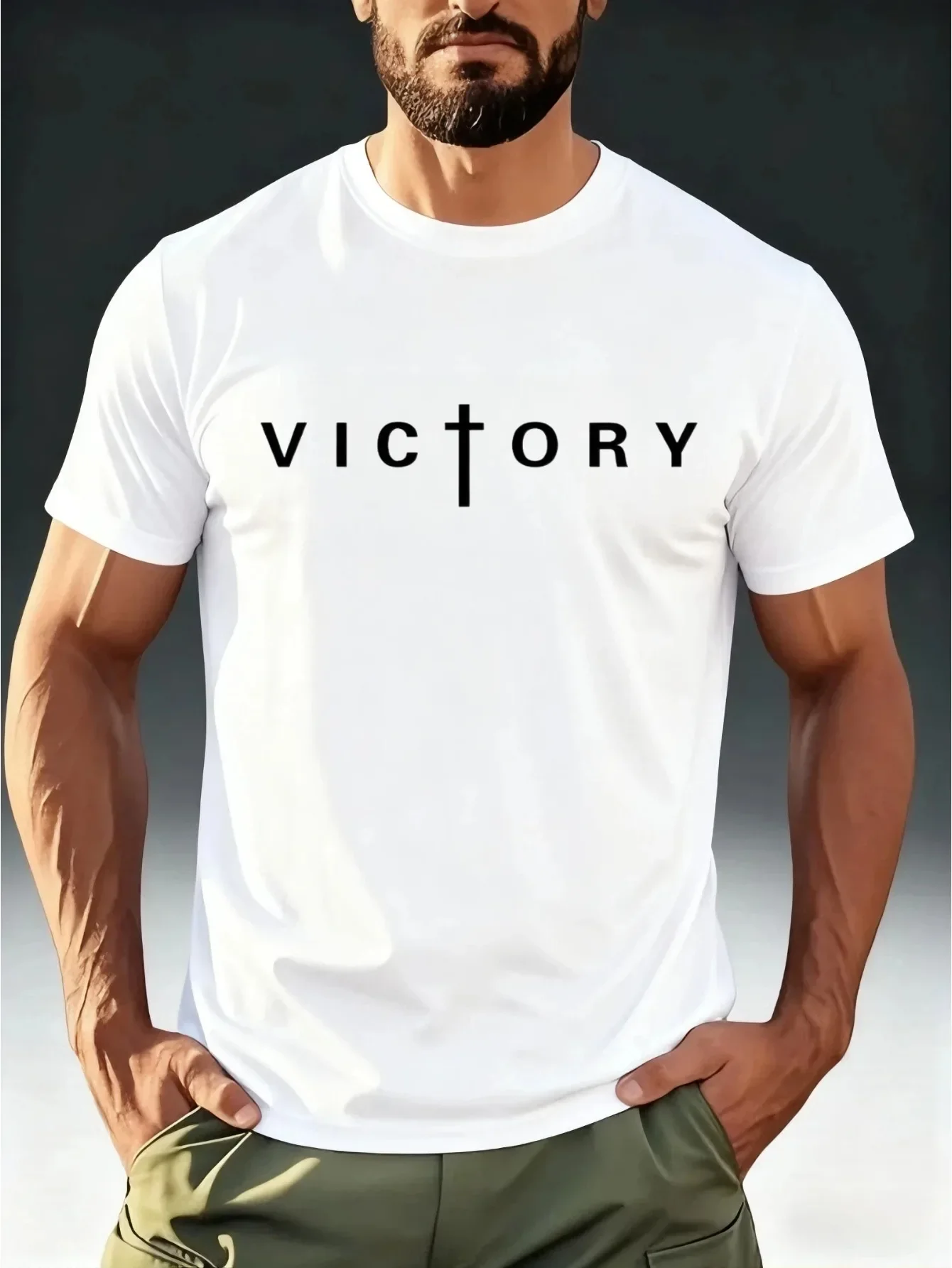 Fashion New VICTORY Cross Letter Graphic T-Shirt Christian Faith Religious Print Short Sleeve Tee Summer Casual Daily Gift Top