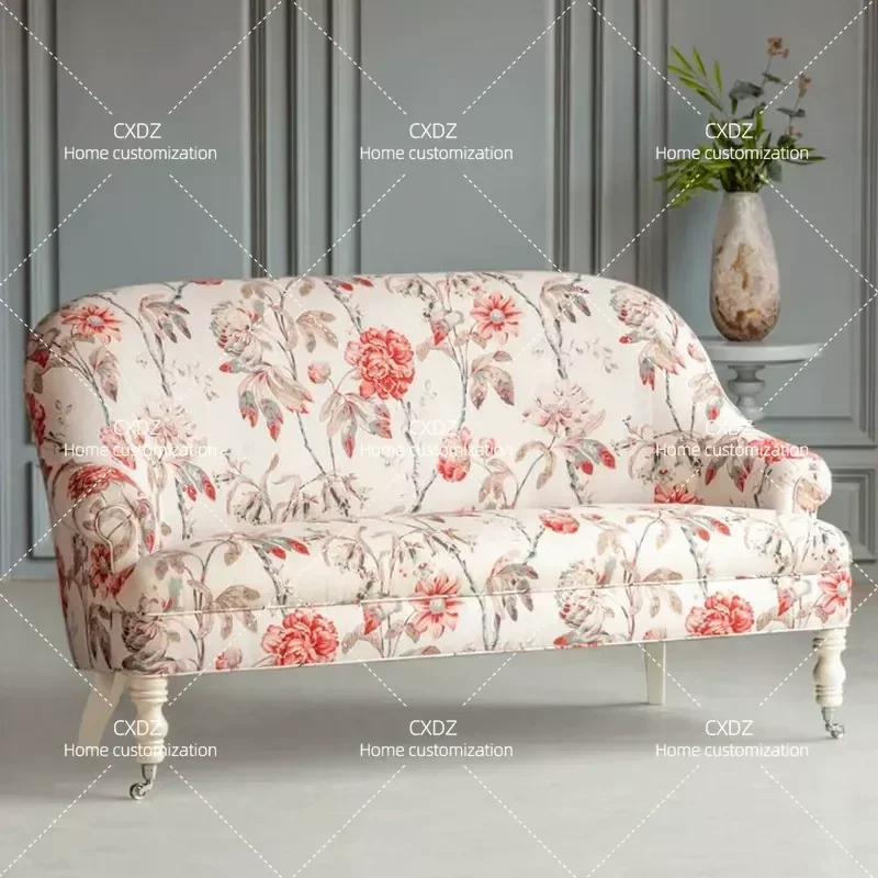 Retro Pastoral Fabric High Back Sofa Chair Small Apartment Living Room Medieval Style Straight Row Compact Double Seater