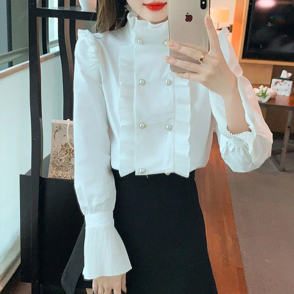 Elegant White Women\'s Ruffles Stand Collar Shirt Blusas Mujer Spring Summer Pleated Top Korean Trumpet Sleeve Runway Blouse Lady