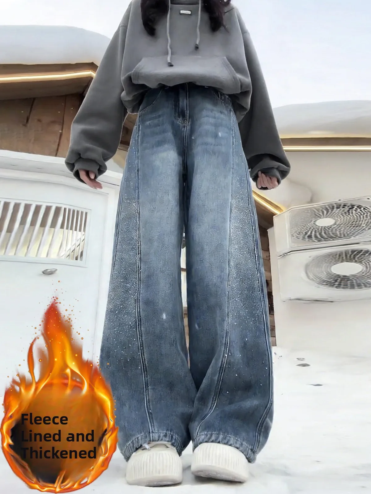 

American Sle Fce Lined Wide Leg Blue Jeans Women's Loose Drapey Slimming Knife Pants High Waist ket Detail Spring Autumn