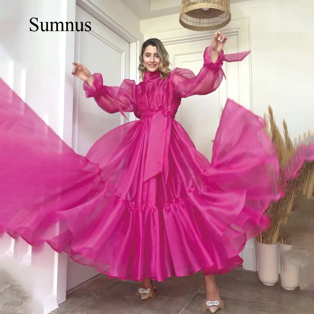 Sumnus Pink Organza A Line Evening Dresses With Belt Puff Long Sleeve Ankle Length Party Dress High Neck Evening Prom Gowns