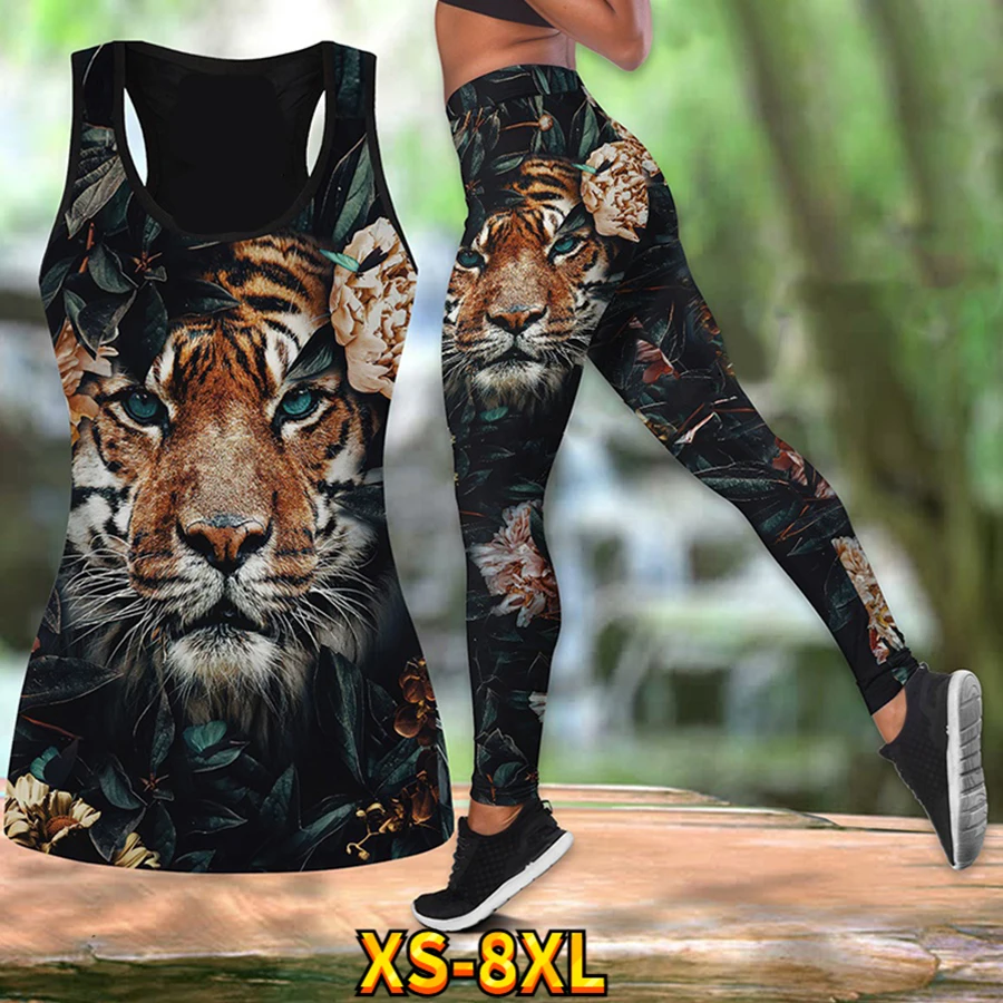 Ladies Outdoor Casual Top Vest with Tiger Head Print Gym Running Butt Yoga Pants Quick Drying Breathable Suit XS-8XL