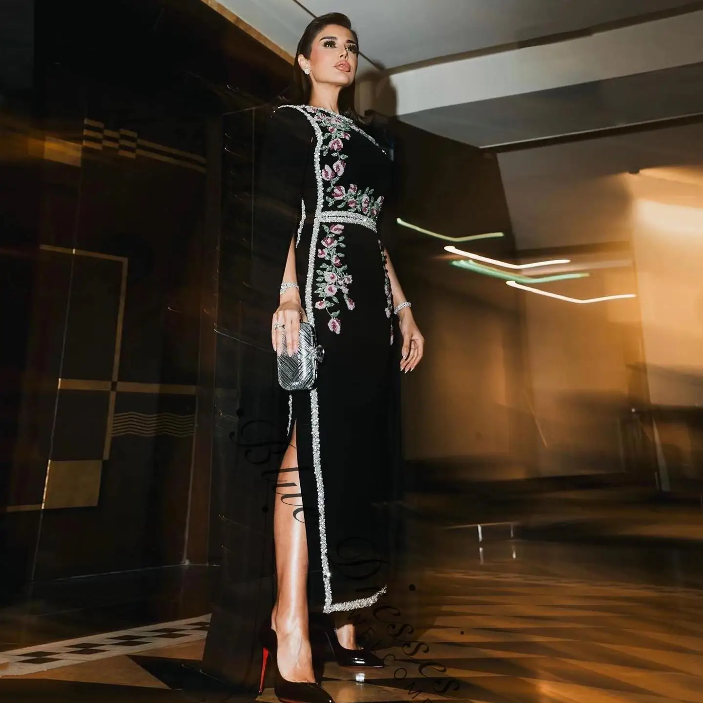 customized Said  Arabic Embroidered Beaded Black Evening Dress with Cape Sleeves Dubai Wedding Party Gowns