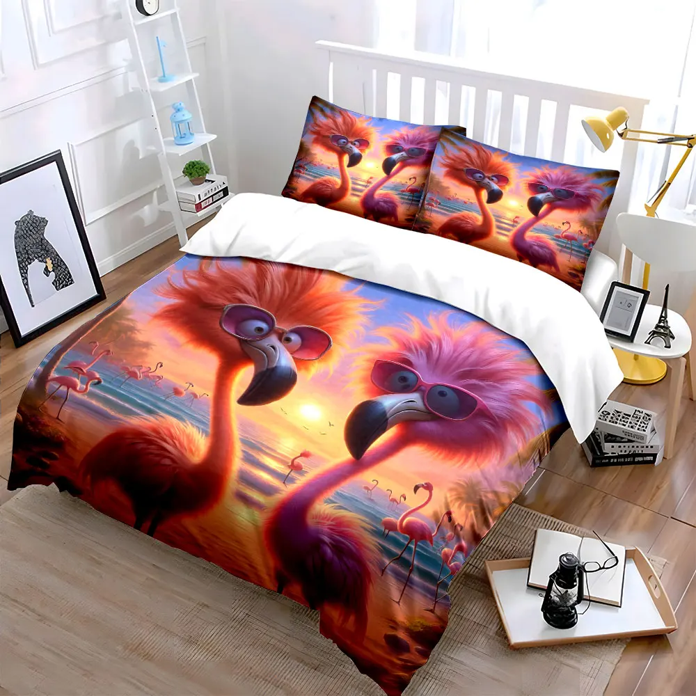 3pcs Pink flamingos under sunlight Duvet Cover Set with 3D Printing Design Soft Polyester Bedding Set All-Season Comfort