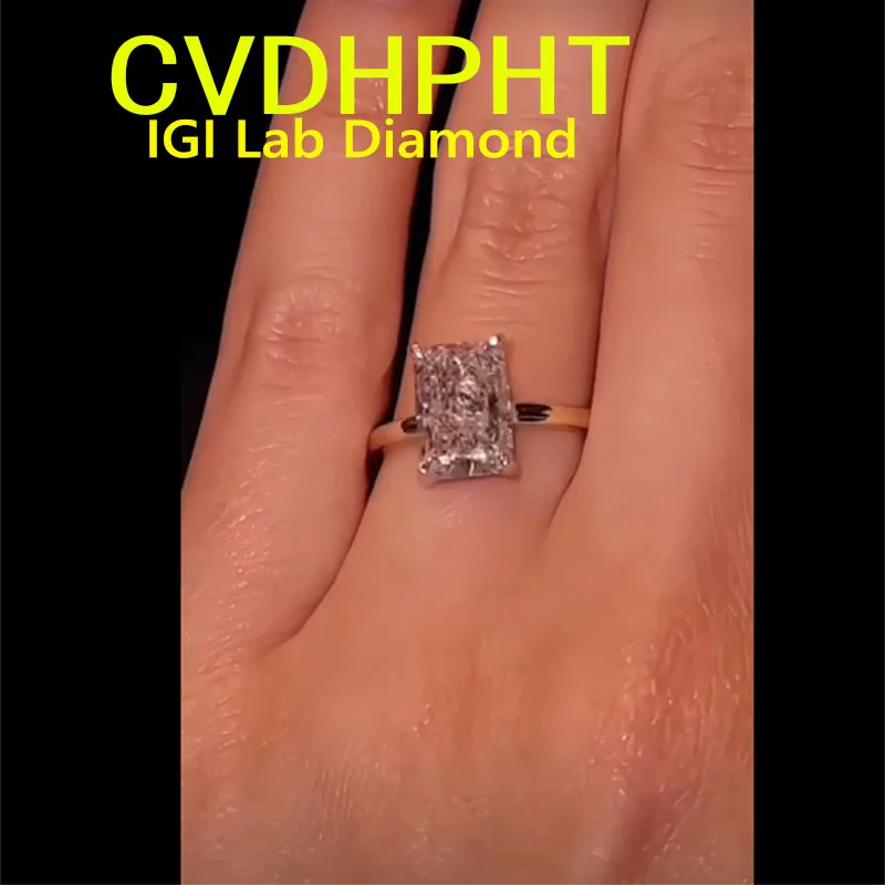 Personality Luxurious Solid 14K White gold Ring Lab grown dimaond ring IGI Radiant 1 2 3 cut D VS1 Wedding engagement ring ﻿
