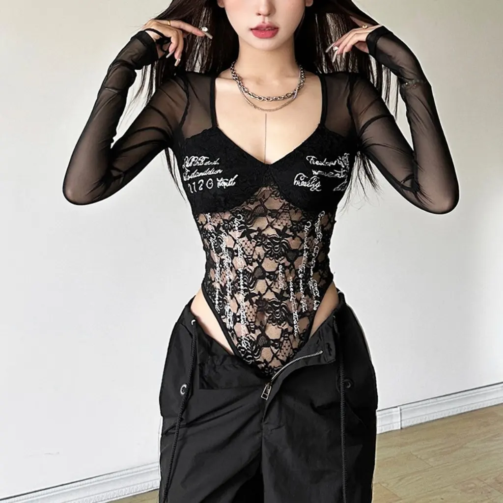 

Women's Sexy Lace Hollow Jumpsuit Solid Color Autumn Fashion European American Style Cross-border Personality Long Pants
