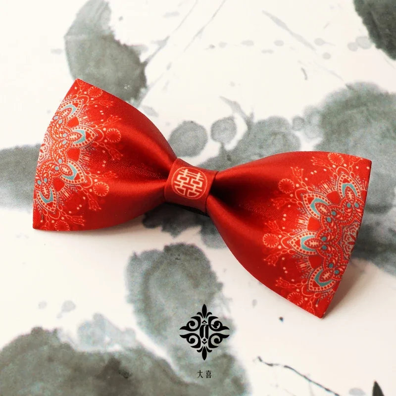 Xiuhe Xi character flowers bloom rich Chinese bow tie red groom wedding best man wedding phoenix crown charcoal 1 piece