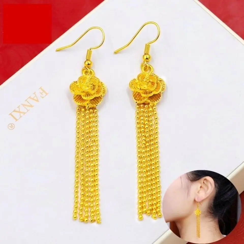 Orecchini lunghi con nappe da donna in oro 24 carati (AU999) |   Nappe sfaccettate fronte-retro, antiche martellate con anima in agata