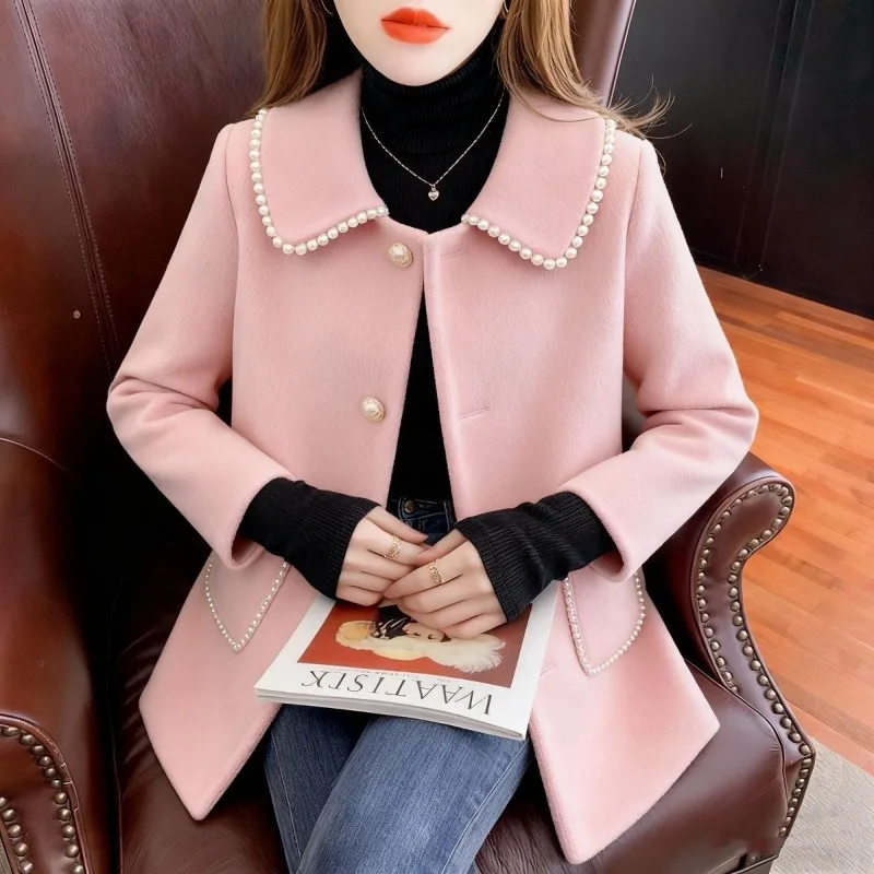 2026 Winter Female High-end Pink Age-Reducing Single-breasted Woolen Jacket Women Padded Thickened Sweet Lapel Short Tweed Coat