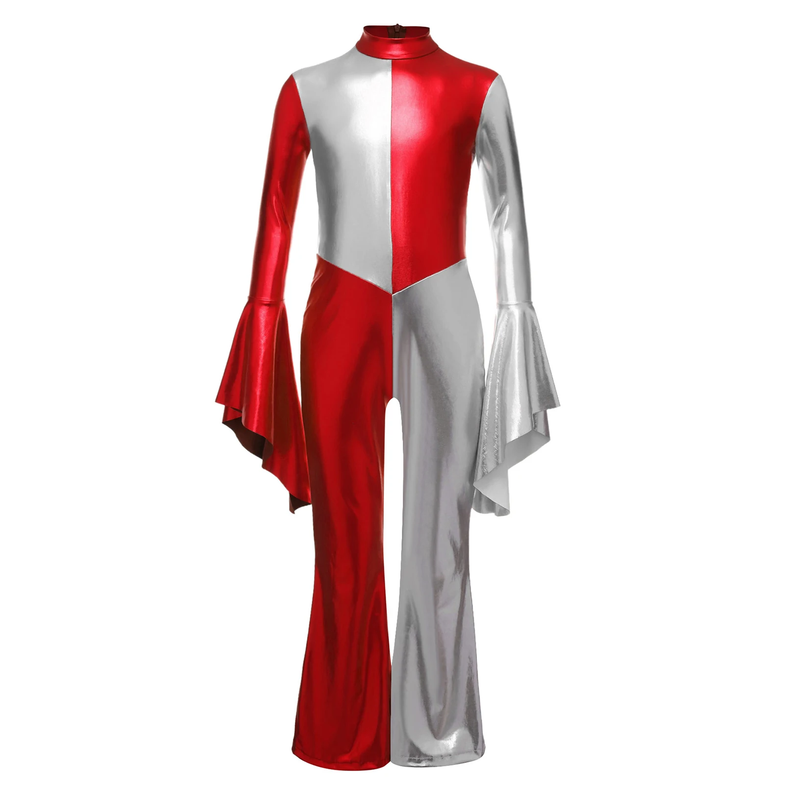 

Детский карнавальный костюм на Хэллоуин для девочек 70-х годов, диско-хиппи, блестящий металлический комбинезон с расклешенными рукавами и расклешенными рукавами