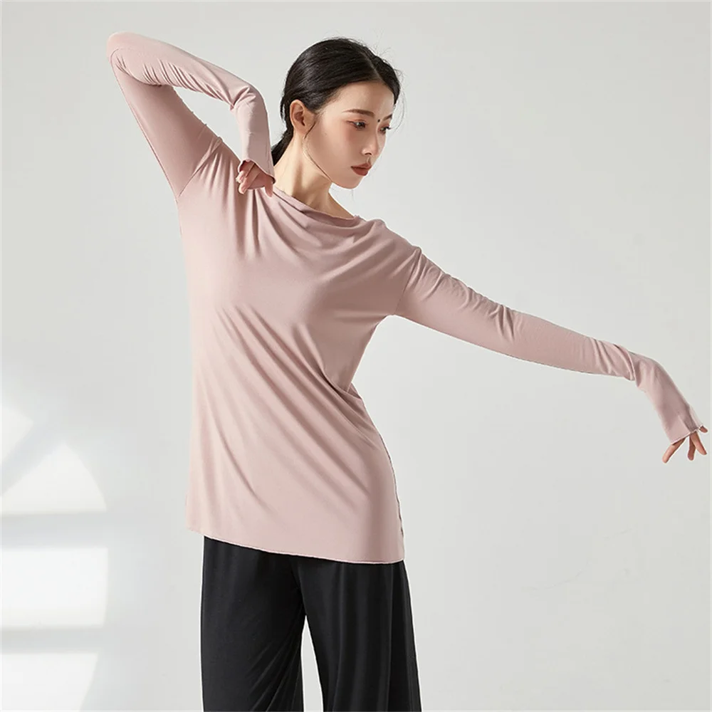 Women Loose Yoga Shirt Girls Modern Dance Top Long Sleeve Breathable Spring Autumn Fitness Spor Elastic Classical Dance T-Shirt - Image 4