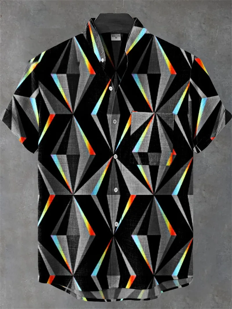 الرجال مريحة للتنفس عادية قصيرة الأكمام قميص مخطط ثلاثية الأبعاد مطبوعة زر موضة قميص رجالي Camisas Hombre مجردة #2