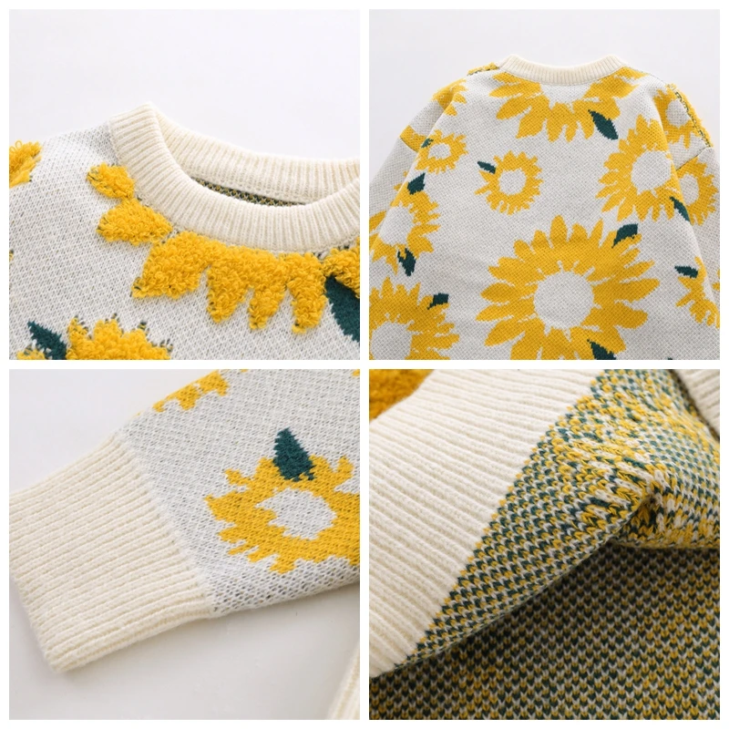 Autumn Japanese Retro Sunflower Flocking Lazy Knitwears for Men and Women BF Patchwork Trendy Couple Long Sleeve Knitted Sweater