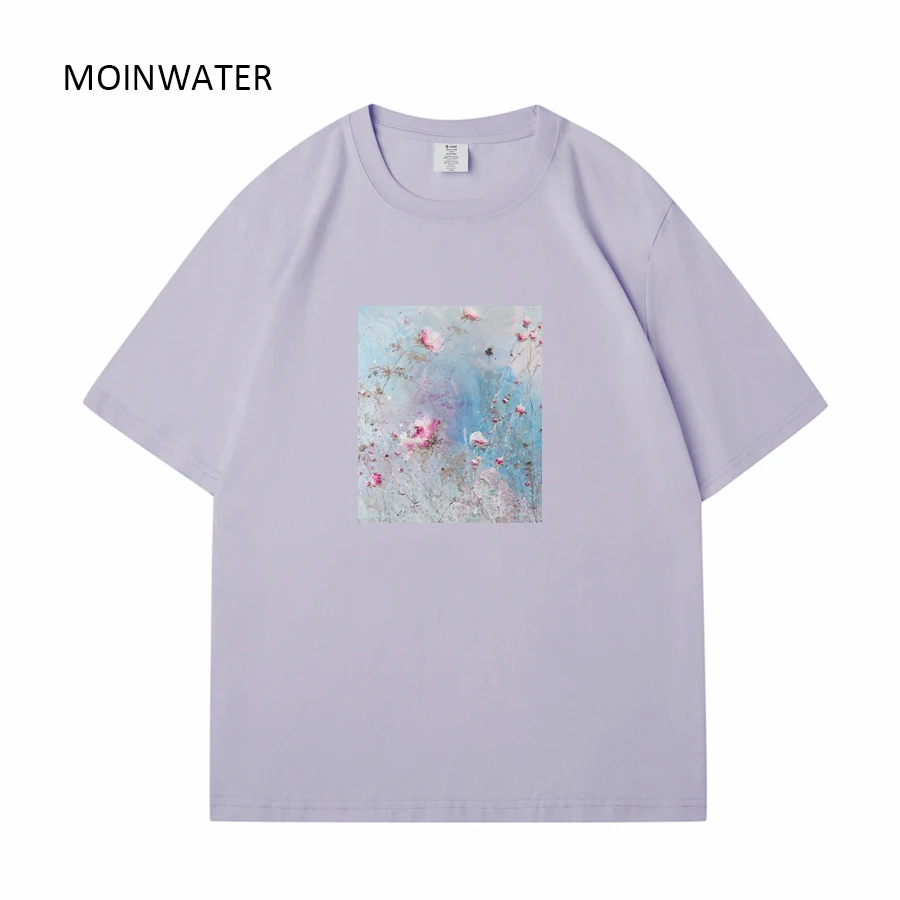 MOINWATER New Flower Printed T shirts for Women Purple Female Pure Cotton Summer Tees Lady Streetwear Short Sleeve Tops MT2311