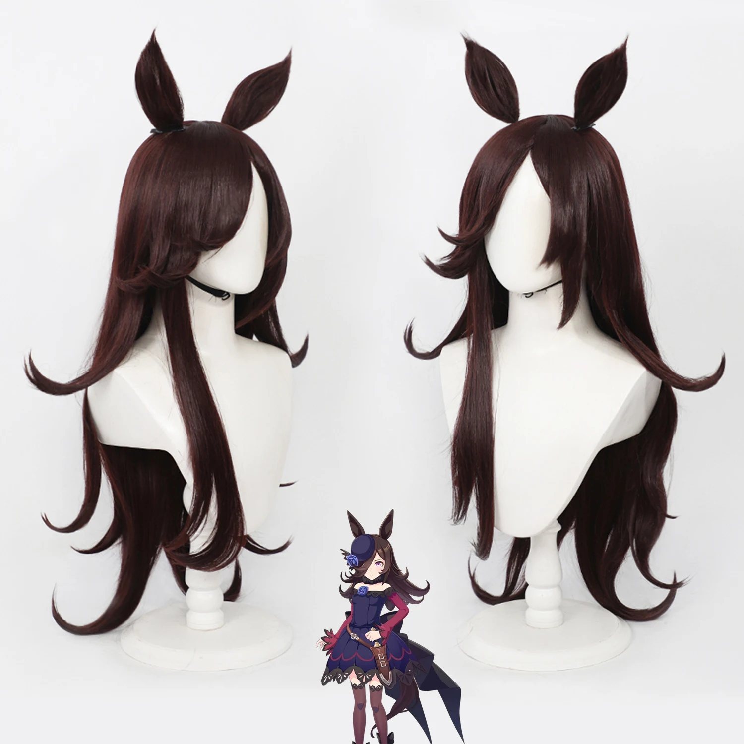 Pretty Derby Rice Shower Cos Wig Dark Brown Long Wavy Detachable Horse Ears & Tail Heat Resistant Synthetic Anime Halloween Wig