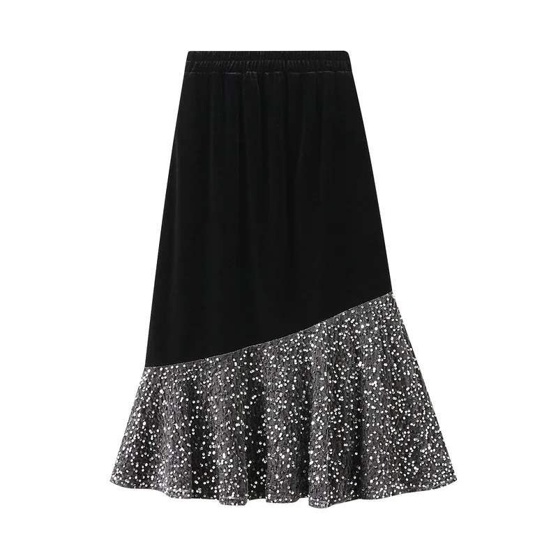 

Fish tail skirt, autumn and winter women's velvet patchwork sequin skirt, slim fit and slimming black skirt, A-line long skirt