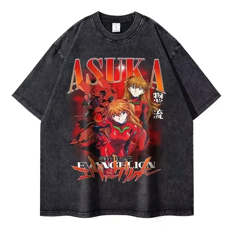 Evan Asuka Langley Soryu Unit-02 Washed T-shirt Anime Harajuku Streetwear Oversized Tee Y2K Tops