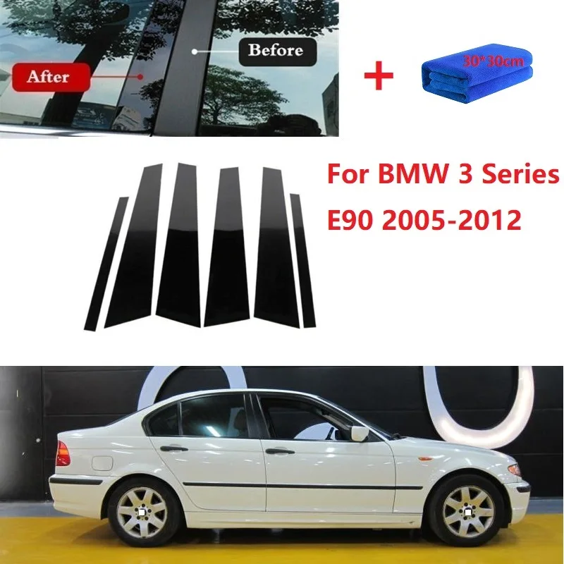 6PCS Polished Pillar Posts Fit For BMW 3 Series E90 2005-2012 Window Trim Cover BC column sticker