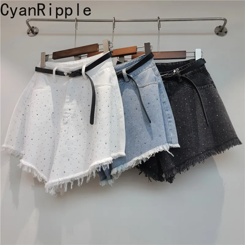 New Spring Summer Hot Diamonds Women Short Jeans All-match High Waist Spice Girls Tassel A-line Wide Leg Denim Shorts Blue