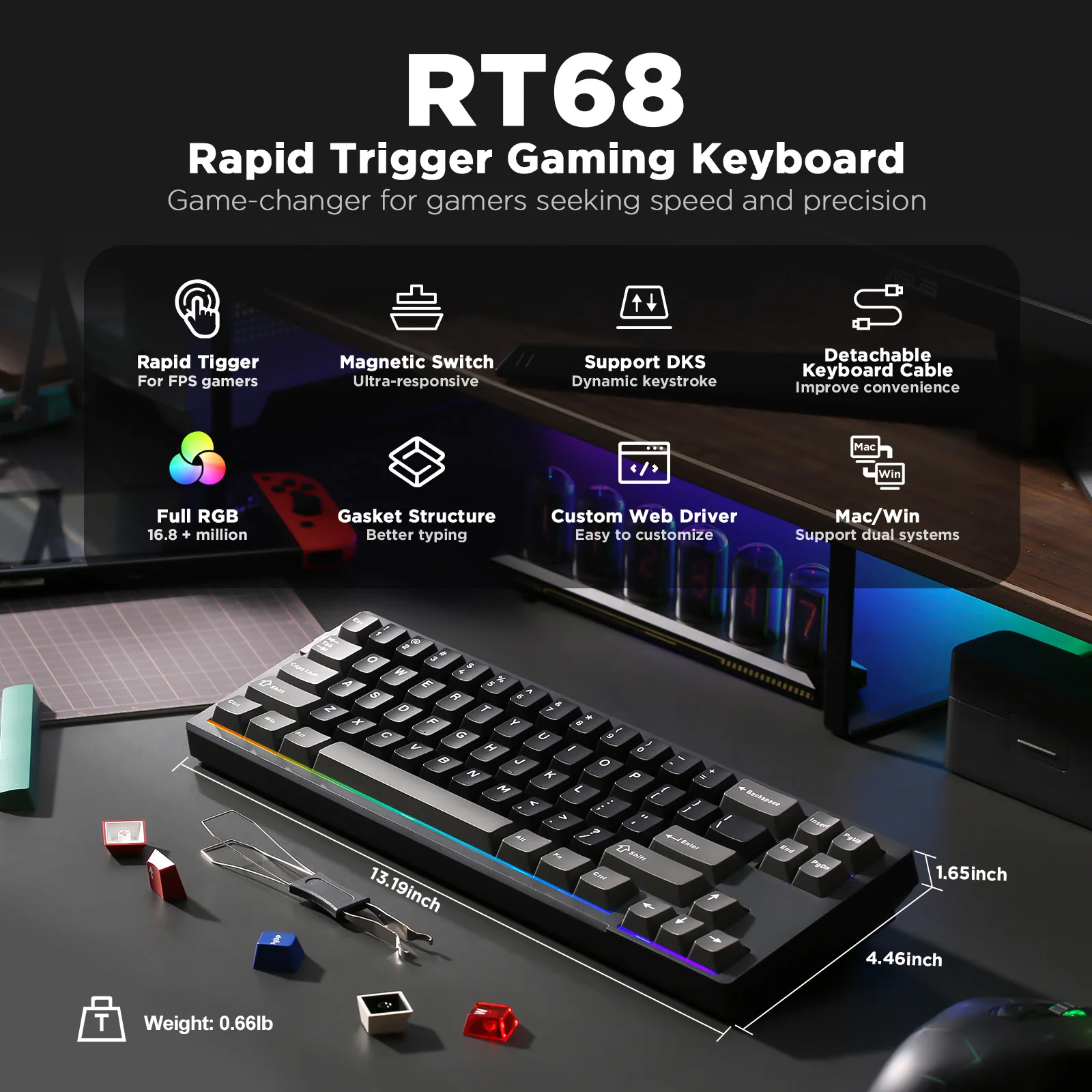 YUNZII RT68 Black Rapid Trigger Mechanical Gaming Keyboard, Hall Effect Magnetic Switch 68-Key Wired RGB Gasket Mount Keyboard