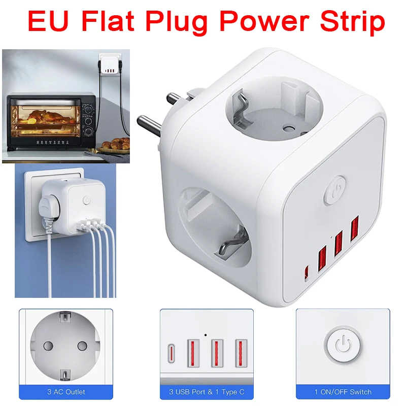 EU Flat Plug Power Strip Cube 7-in-1 Wireless Power Strip 3 USB Ports + 3 AC Outlets + 1 Type-C Multi-functional Power Strip