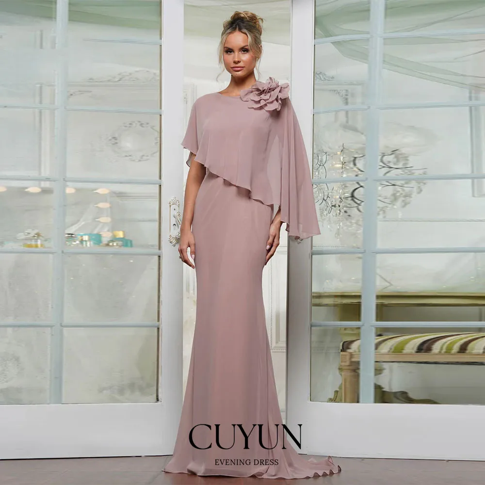 CUYUN Customized Mother of the Bride Dresses Shawl Collar with Flowers Semi-Mermaid Evening Gown Wedding Guest Dresses