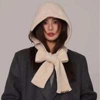 New Womens Solid Color Knitted Hat Shawl Two in One Thickened Warm Neck Warmer Scarf for Autumn Winter Outerwear Accessory