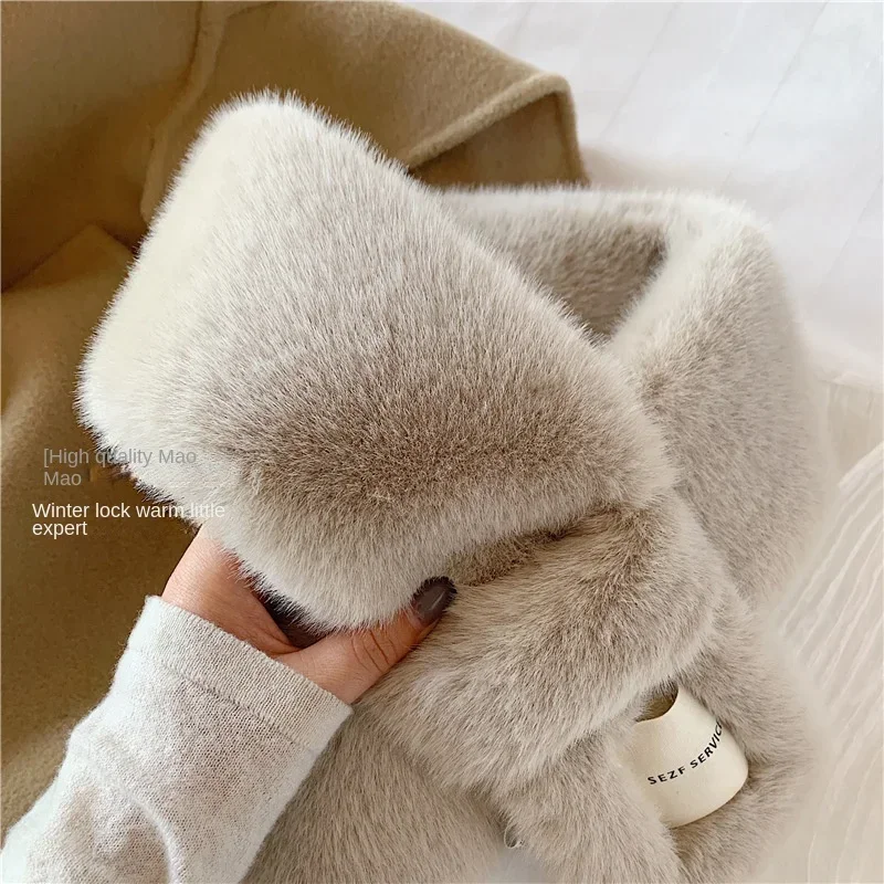 girl Winter Warm Thicken  Solid Color Faux Rabbit Fur Plush Cross Collar  Shawl Elegant Warm Soft Comfortable Scarf