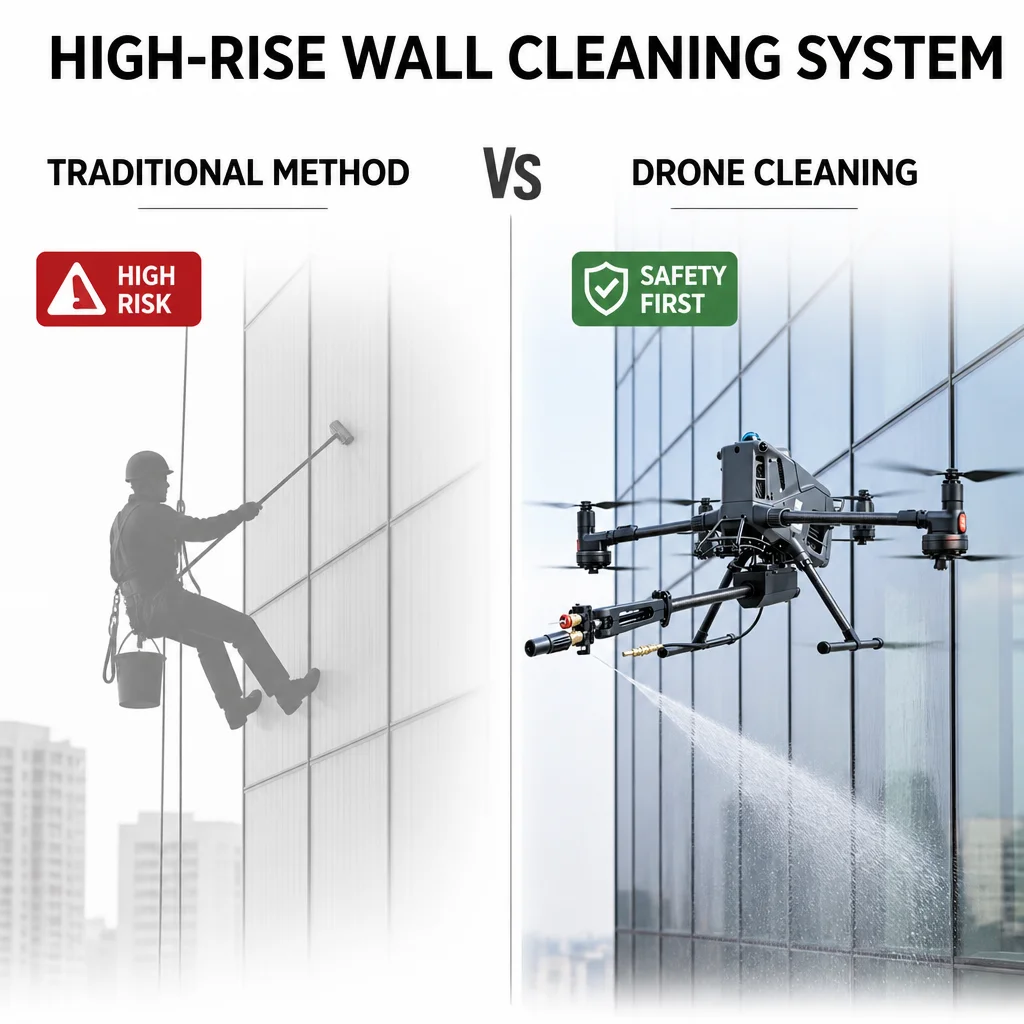 High-Efficiency Building Cleaner With 360° Rotatable Spray Nozzle, Remote Control High Altitude Wall Washing System 120m APP