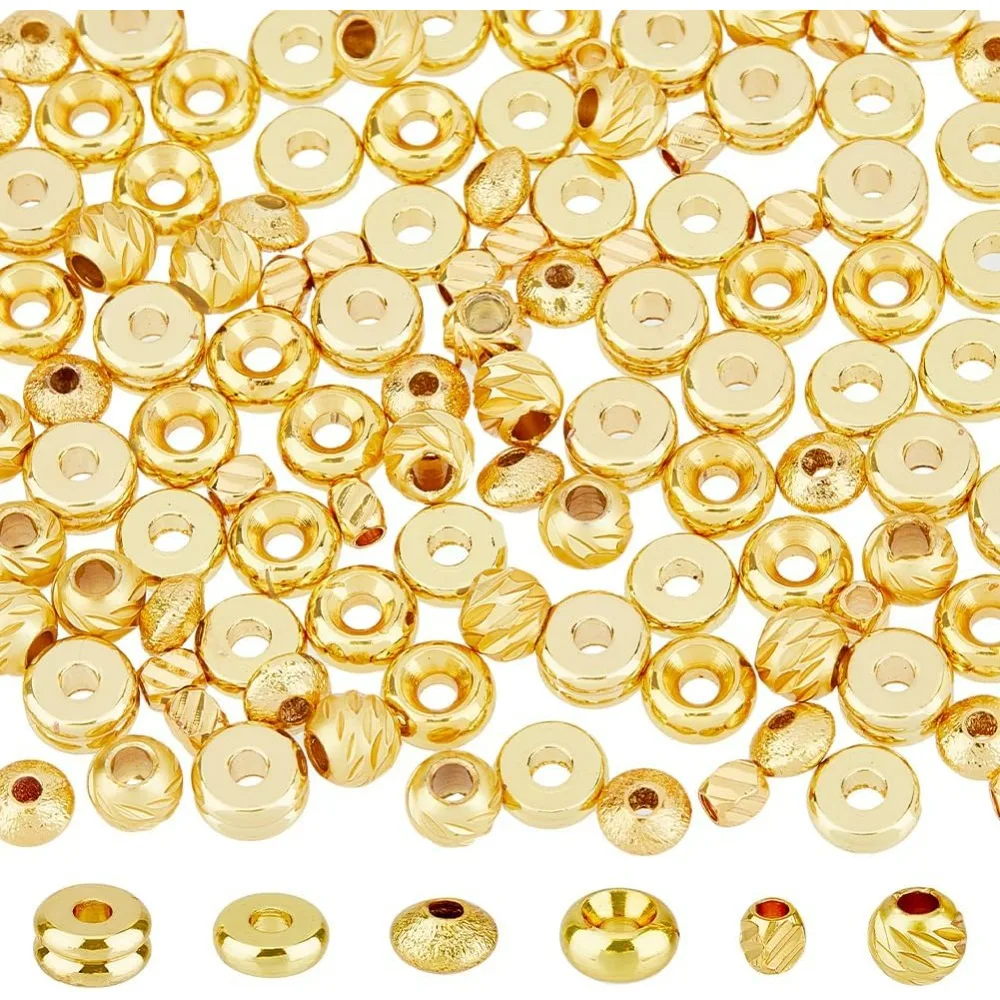 120pcs 6 Styles Small Spacer Beads 16K Real Gold Brass Beads Flat Round Rondelle Spacer Beads Textured 3/5/6mm Loose Spacer