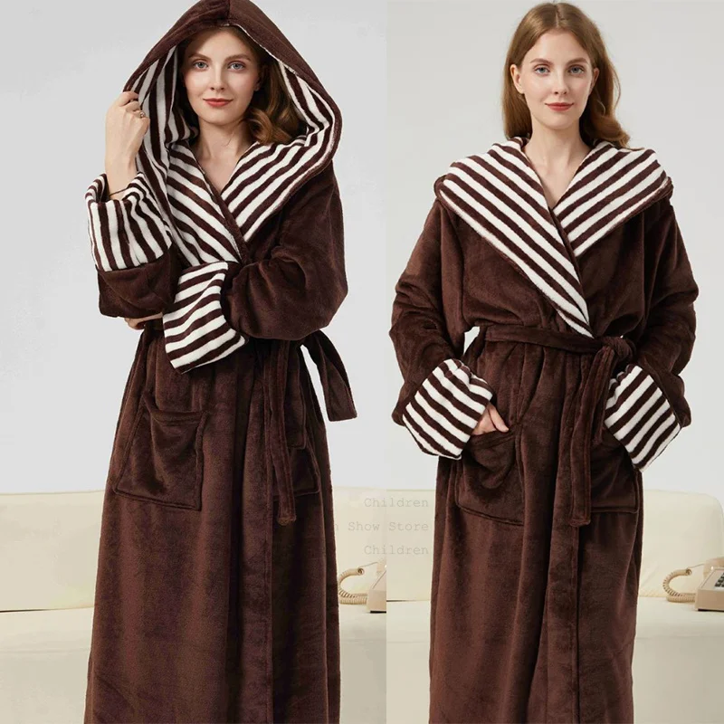 

2025 Autumn Winter New Kimono Gown Warm Thick Coral Fleece Bathrobe Loungewear Warm Sleepwear Hooded Nightgown Loungewear