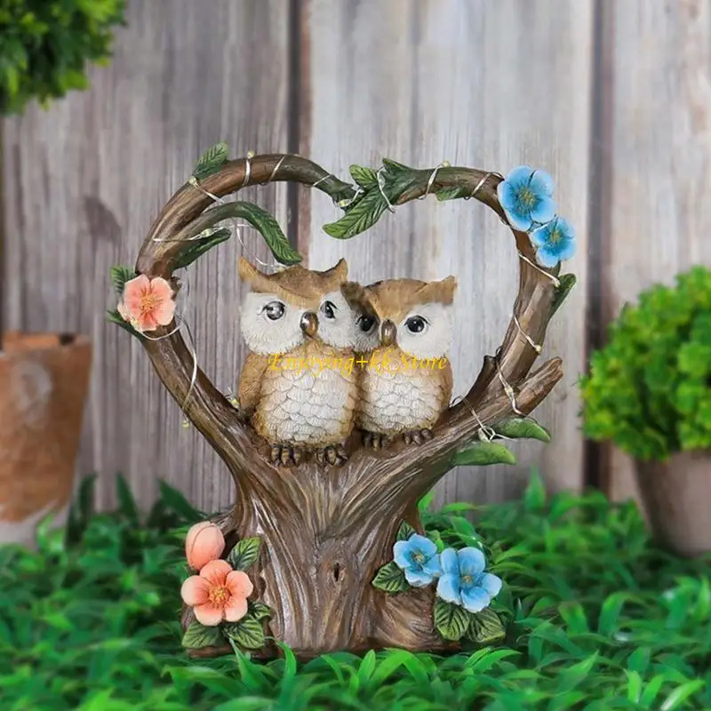 

Q1JB for Creative Couple Bird Owl Resin Statue Figurines Garden Fairy Ornament with Solar LED Light Animals Sculptures for Patio