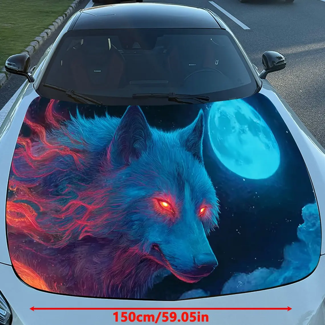 ملصق غطاء السيارة بتصميم Blue Night Moon Wolf ملفوف من الفينيل الملون المقاوم للماء للشاحنات ورسومات بونيه المزخرفة وإمكانية الوصول التلقائي