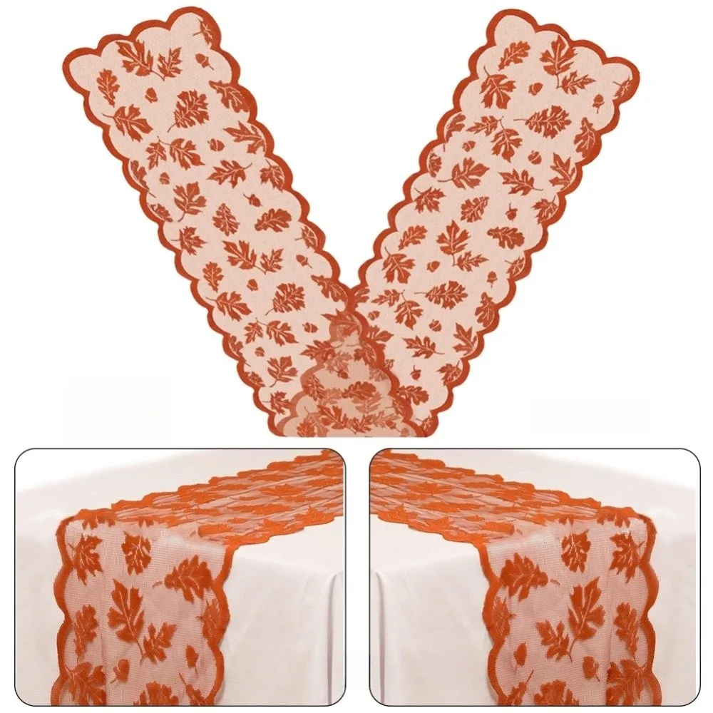 Thanksgiving Table Runner Maple Leaf Pattern Lace Design Decorative Runner Washable Orange Lace Fall Tablecloth Harvest Season