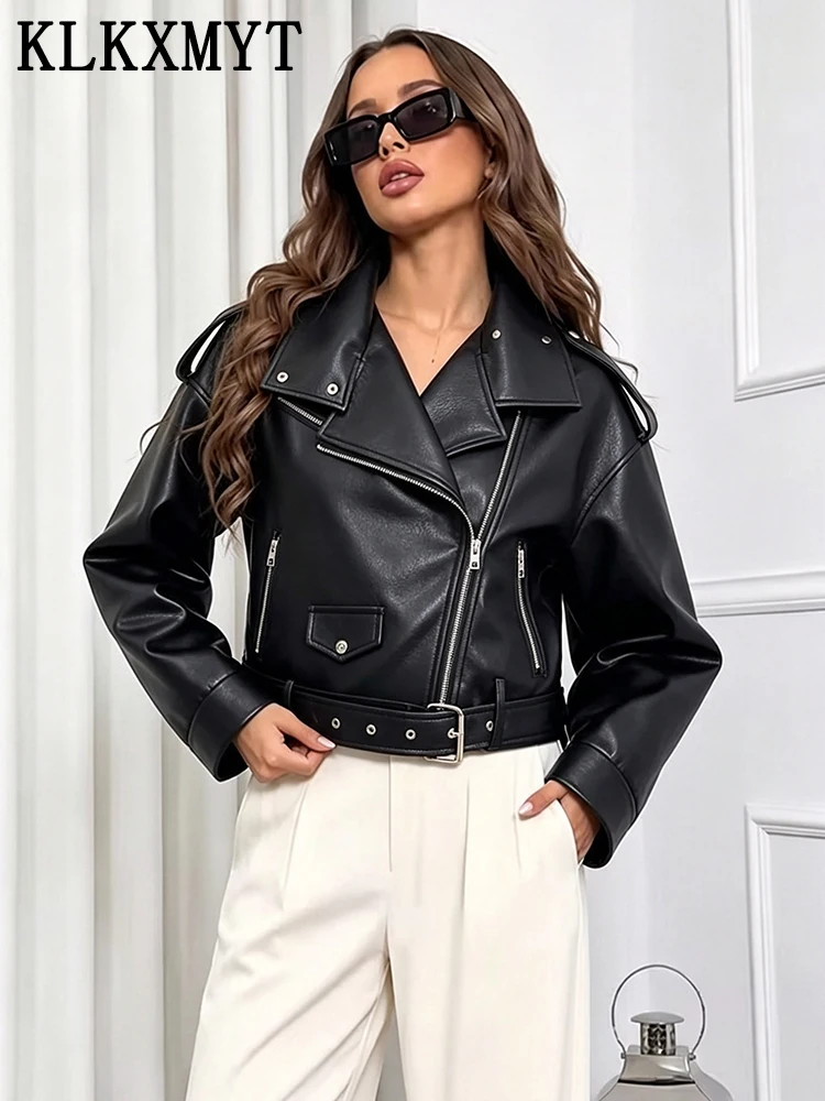 KLKXMYT Street Chic Black Leather Jackets For Women 2026 Autumn Casual Long Sleeve Belt Coat New Fashion Motorcycle Jacket
