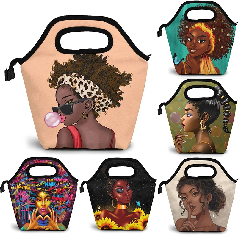 African American Women With Crown Lunch Bag Afro Girls Black Queen Handbag Lunch Kit Insulated Cooler Box For Travel, Picnic