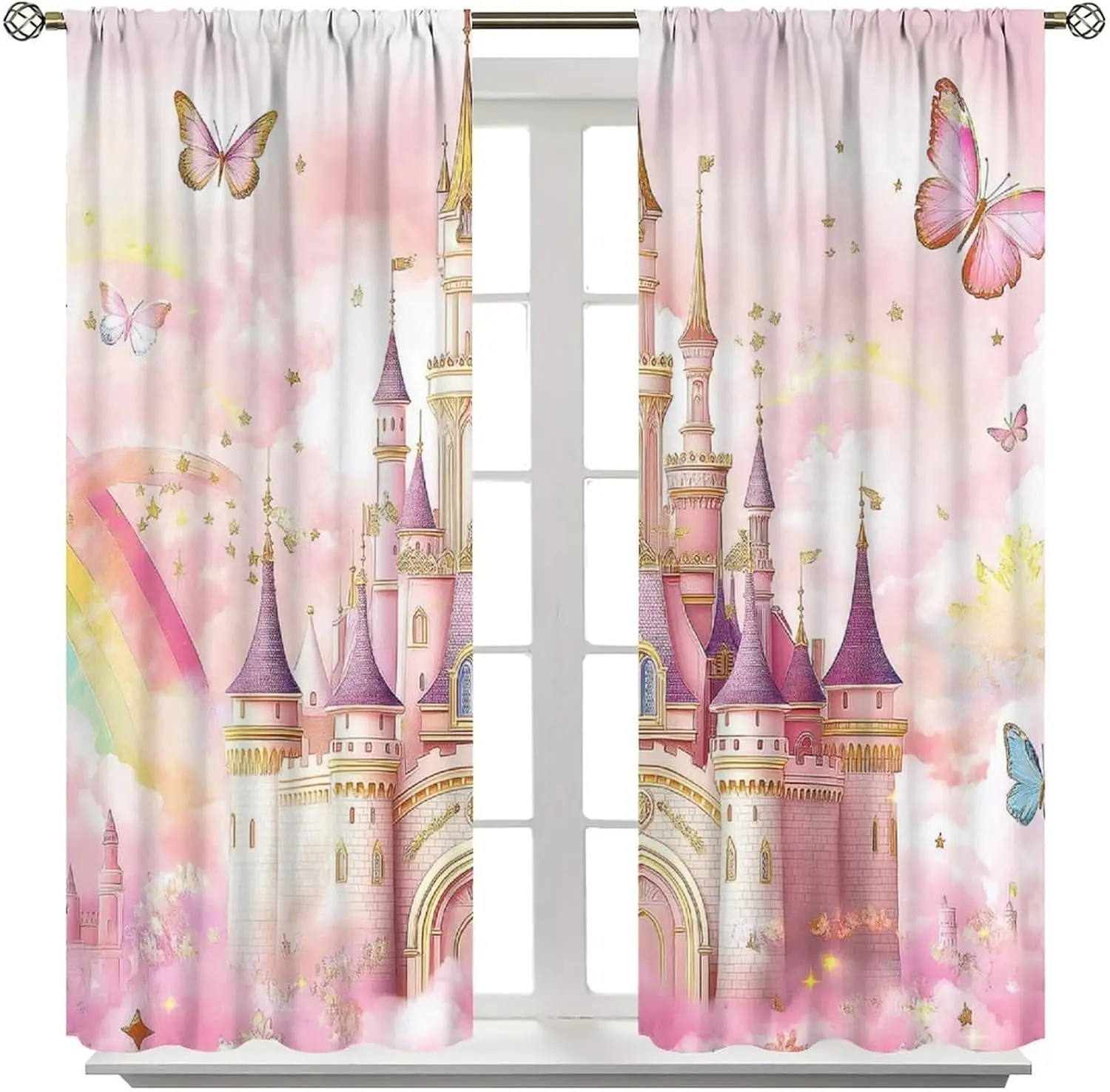Pink Princess Castle Print Curtains Fairy Tale Palace Rainbow Butterfly Design for Kids Room Nursery