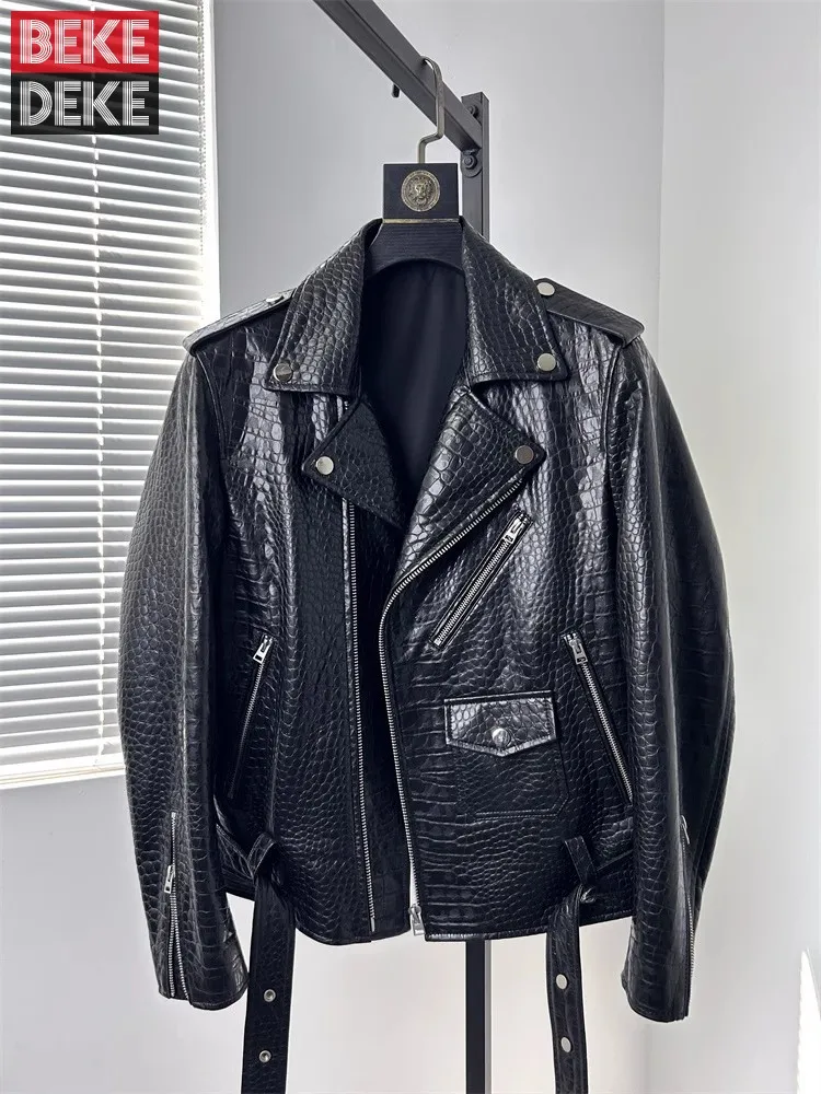 Punk Slim Fit Men Genuine Leather Motorcycle Jacket Zipper Lapel New Fashion High Quality Real Sheepskin Black Short Coat Male